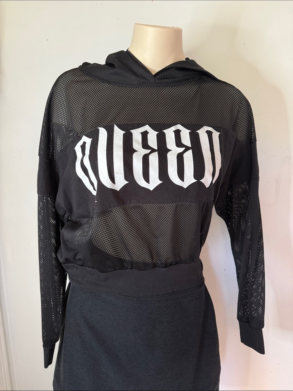Black Mesh Hoodie with White Gothic Chest Graphic